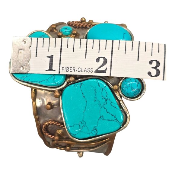 Turquoise Modernist Brutalist Mixed Metal Cuff Bracelet Bronze Copper Silver - Picture 9 of 11